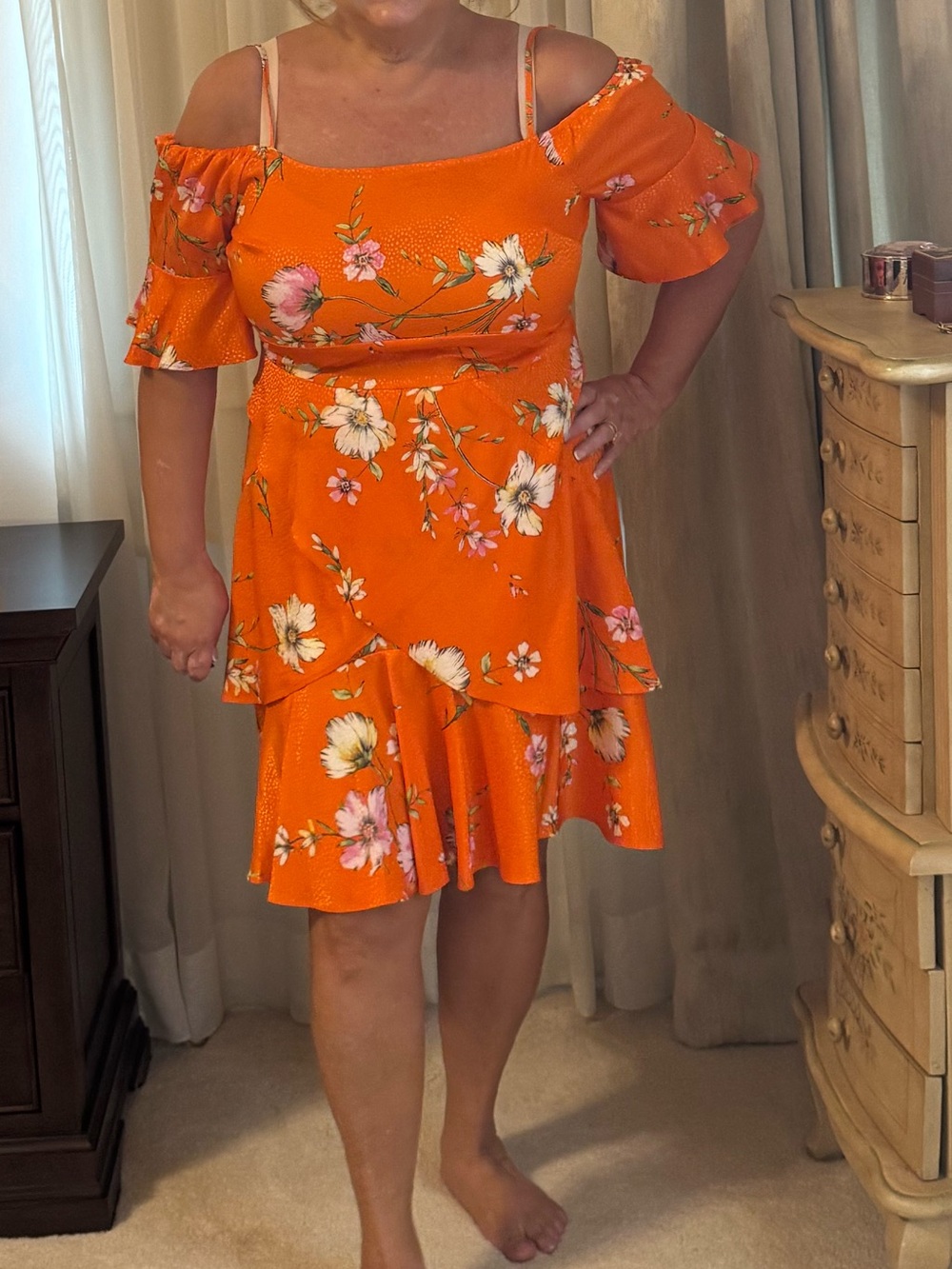 Orange Floral Cold-Shoulder Ruffle Dress